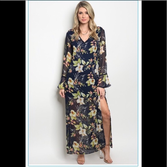 Pretty navy floral maxi dress partial lining - Picture 2 of 6